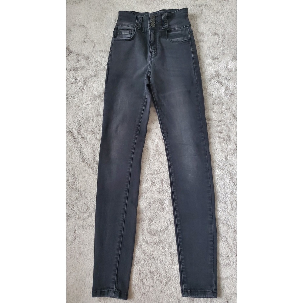 KanCan Signature High Rise Skinny Jeans Faded Black Triple Button Size 24